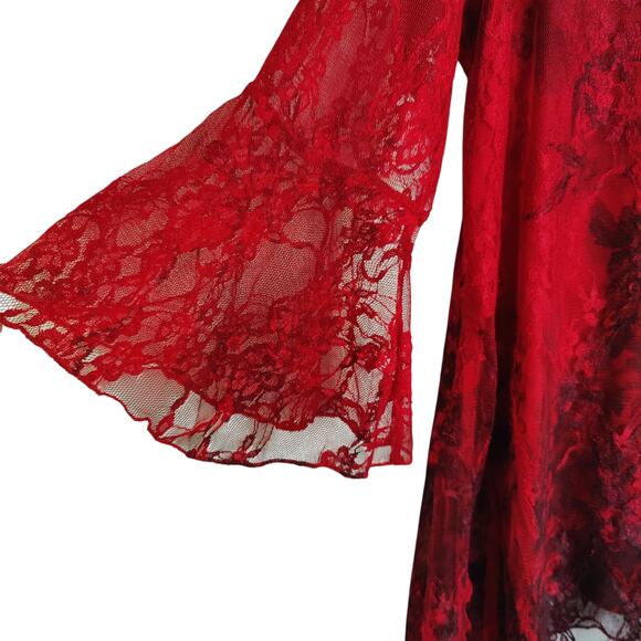 Frazzle Sz M Red Black Lace Beaded Shirt Sheer Blouse Top Fairy Grunge Goth - Picture 3 of 7